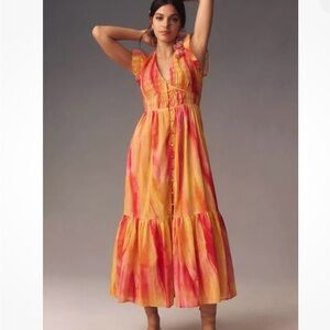 NWT Anthropologie Peregrine Midi Dress XS Pink Combo $160 100% Cotton Orange